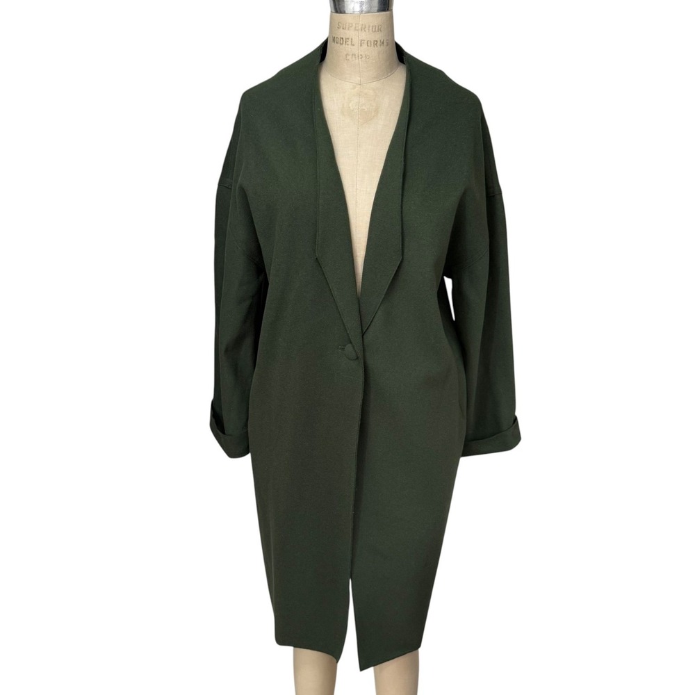 Jesse Kamm Wool Forest Green Single Button Trench Coat Womens  XS/S Minimalist